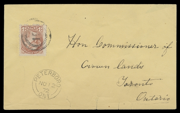 CANADA  1872 (November 12) Buff cover from Peterboro to Crown Lands, Toronto, minor tears at foot, bearing a 3c rose red, First Ottawa printing perf 12, tied by quite clear strike of a rare two-ring 