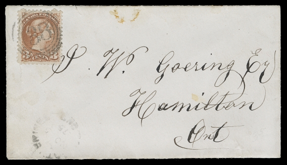 CANADA  1875 (November 5) Small white cover from St. Catharines to Hamilton, bearing a 3c orange red, Montreal printing perf 11½x12, well centered with a VF socked-on-nose four-ring 