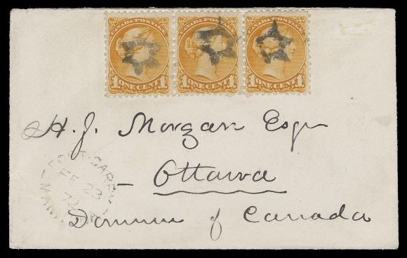 CANADA  1872 (February 23) Small cover in choice, fresh condition mailed from Fort Garry, Manitoba to Ottawa, impressively franked with of a strip of three of the early and distinctive 1c red orange shade, First Ottawa printing, each stamp cancelled by central fancy hollow Star of David cancel (Lacelle 994) from Fort Garry, split ring dispatch at lower left. A superb fancy cancelled, highly desirable Small Queen cover originating from Manitoba, VF; 2000 RPS of London cert. (Unitrade 35iv)
