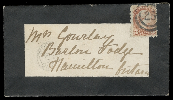 CANADA  1872 (May 28) Small mourning cover with wide black border to Hamilton, in choice condition, single 3c rose red tied by very clear two-ring 