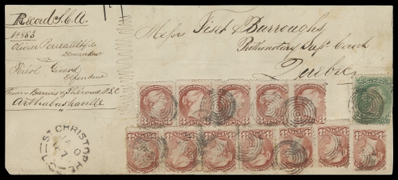 CANADA  1873 (January 10) Part of parcel post wrapper mailed from St. Christophe, L.C. to Quebec, bearing an exceptional franking consisting of the distinctive 3 CENT DARK ROSE ON THICK SOFT PAPER horizontal strips of five and of six plus a single which was lifted for inspection and hinged back, a 2c green Large Queen with faults completes the franking; prepaid a three-fold 12½c (per eight ounces) parcel post rate, overpaid half a cent for convenience. Couple stamps with minor perf flaws. A great showpiece and by far the largest known surviving franking of the 3c Small Queen on thick paper, Fine (Unitrade 24, 37i)Only one other parcel post wrapper (from the same correspondence) showing a large multiple of the 3c dark rose on thick paper was documented, offered in the Carnegie sale in May 1981; Lot 115. This block of twelve was subsequently soaked off and broken into singles and blocks of four. It is the original source of many of the relatively small number of existing used examples.
