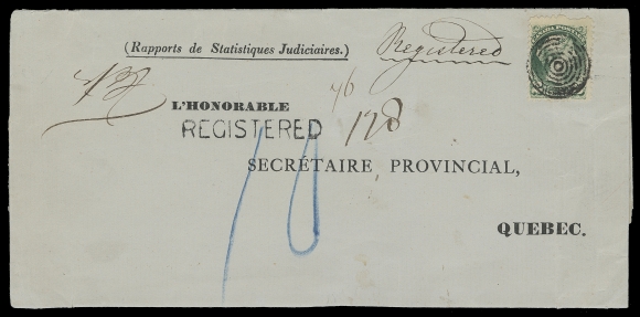 CANADA  1875 (January 8) Judicial Statistics folded cover with preprinted addressee in Québec. A printed matter rate with free franking privilege for Provincial Legislature, while in session, however the registration fee had to be paid and was with a single 2c deep green, Montreal printing perf 11½x12, attractively tied by central concentric rings, same-ink straightline REGISTERED handstamp; on reverse Berthier En Haut split ring dispatch and Quebec JA 11 75 split ring IN RED. A visually striking and elusive free franking + prepaid 2c registration, according to Allen Steinhart & Vic Willson, the only such recorded rate, VF (Unitrade 36e) ex. George Arfken (October 1990; Lot 616), Vic Willson (October 2013; Lot 975)
