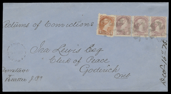 CANADA  1875 (December 16) Blue legal cover roughly opened at left, somewhat reduced at right and folded for display, franked with a 3c orange red and a lovely strip of three of 10c dull rose lilac, Montreal printings perf 11½x12, tied by light segmented corks, light Seaforth, Ont. split ring datestamp at left, mailed to Goderich, Ontario; pays an impressive eleven fold 3c domestic letter rate for a total of 33 cents. A beautiful and early Ten cent Small Queen multiple on cover, in nice condition for such a heavy content cover, ideal for exhibition, F-VF (Unitrade 37iii, 40c)Provenance: Henry Lussey, October 1983; Lot 323                   Don Bowen, November 1994; Lot 402                   "Jura" Collection, June 2007; Lot 2382