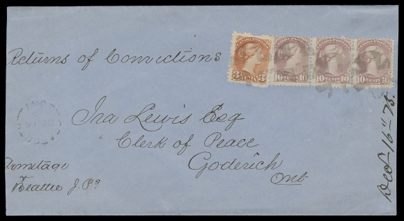 CANADA  1875 (December 16) Blue legal cover roughly opened at left, somewhat reduced at right and folded for display, franked with a 3c orange red and a lovely strip of three of 10c dull rose lilac, Montreal printings perf 11½x12, tied by light segmented corks, light Seaforth, Ont. split ring datestamp at left, mailed to Goderich, Ontario; pays an impressive eleven fold 3c domestic letter rate for a total of 33 cents. A beautiful and early Ten cent Small Queen multiple on cover, in nice condition for such a heavy content cover, ideal for exhibition, F-VF (Unitrade 37iii, 40c)

Provenance: Henry Lussey, October 1983; Lot 323
                   Don Bowen, November 1994; Lot 402
                   "Jura" Collection, June 2007; Lot 2382