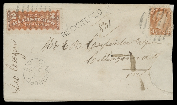 CANADA  1875 (December 31) Registered cover from Clarksburg, C.W. to  Collingwood, Ont. franked with 3c orange red, Montreal printing  perf 11½x12, and a 2c orange RLS (tiny tear), both tied by large  circular grid, neat split ring dispatch at left, cover being torn  at right, affecting 3c - nevertheless this is the THIRD EARLIEST RECORDED USAGE of a 2c Registered Letter Stamp and one of only  three 2c RLS covers reported from 1875. A desirable and  significant early RLS cover, Fine (Unitrade 37iii, F1) ex. Harry  Lussey (May 1999; Lot 189), Horace Harrison (October 2003; Lot  144)