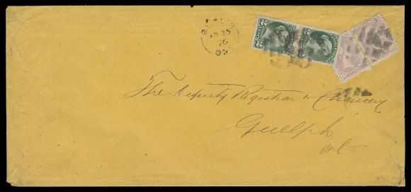 CANADA  1876 (April 25) Orange legal cover, opening tear at lower right and edge wrinkles as to be expected for heavy content an unusual and rare franking consisting of pairs of 2c dark green and 10c dull rose lilac, Montreal printings perf 11½x12, cancelled / tied by segmented corks, Berlin, Ont. split ring dispatch at left, pays an eight fold 3c domestic letter rate (total of 24c) to Guelph, Ont., same-day arrival backstamp, F-VF (Unitrade 36e, 40c) ex. Gerald Wellburn (private sale during early 1990s), Bill Simpson, Part Two (May 1996; Lot 692)