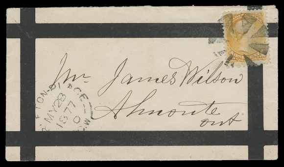 CANADA  1877 (May 28) Small mourning cover mailed unsealed from Carleton Place to Almonte, Ont. a few kilometers away, bearing a well centered 1c dull yellow shade, Montreal printing perf 11¾x12, beautifully tied by segmented cork, double arc dispatch at left; small sealed tear at top, a most appealing 1c rate, VF (Unitrade 35i variety) ex. George Arfken (October 2014; Lot 1222)