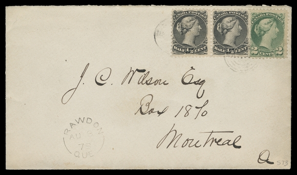 CANADA  1878 (August 8) Clean cover bearing Mixed-Issue franking of Large Queen ½c black perf 11½x12 pair slightly overlapping a Small Queen 2c green Montreal printing perf 11½x12, tied by light concentric rings, Rawdon, Que split ring dispatch; neat Montreal AUG 10 78 split ring receiver on back, VF and appealing; certainly among the nicest of similar frankings on cover (Unitrade 21a, 36e)