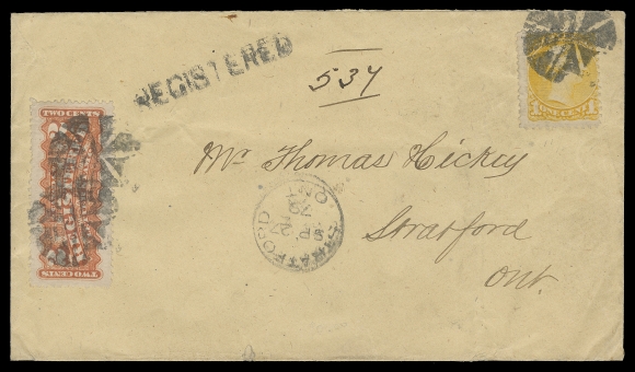 CANADA  1879 (September 27) Amber envelope paying an elusive, early registered drop letter rate, franked with a 1c yellow, Montreal printing perf 11½x12, and a 2c orange RLS perf 12, both tied by segmented corks, same-ink straightline REGISTERED and Stratford, Ont. CDS, additional strikes on reverse, negligible light wrinkles to cover. An attractive and quite scarce rate, F-VF (Unitrade 35vii, F1)