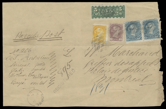 CANADA  1883 (August 6) Registered parcel post piece to Montreal bearing Large Queen 12½c dull blue pair (with variety no outer frameline at bottom left on right stamp) plus Small Queen 1c yellow and 10c magenta, Montreal printings perf 12 and a 5c green RLS cancelled / tied by segmented corks, Sorel, C.E. split ring dispatch and straightline REGISTERED handstamp; rough edge at right and horizontal fold away from stamps. Pays six times the 6c (per 4 ounces) parcel post rate (in effect as of April 1, 1879) for a total of 36c up to 24 ounces + 5c registration fee (in effect on domestic parcel post since July 1, 1859). A UNIQUE FRANKING according to the latest Wayne Smith Large Queen cover census, Fine (Unitrade 28, 28ii, 35i, 40a, F2)