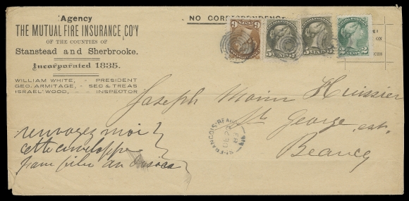 CANADA 1883 (December 20) The Mutual Fire Insurance Co. advert legal envelope from St. François Beauce to St. Georges Beauce, bearing 2c green, two 5c olive green and a 6c yellow brown, Montreal printings perf 12, tied by blue-black concentric rings, same-ink split ring dispatch, neat same-day St. George East, Que receiver on back. A few minor peripheral flaws and couple horizontal folds to cover, pays a six-fold (18c) domestic letter rate, F-VF (Unitrade 36, 38, 39)