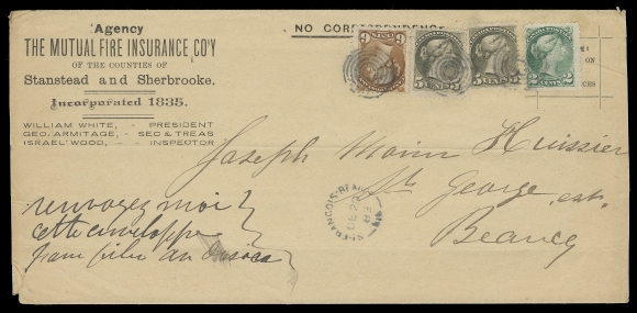 CANADA  1883 (December 20) The Mutual Fire Insurance Co. advert legal envelope from St. François Beauce to St. Georges Beauce, bearing 2c green, two 5c olive green and a 6c yellow brown, Montreal printings perf 12, tied by blue-black concentric rings, same-ink split ring dispatch, neat same-day St. George East, Que receiver on back. A few minor peripheral flaws and couple horizontal folds to cover, pays a six-fold (18c) domestic letter rate, F-VF (Unitrade 36, 38, 39)