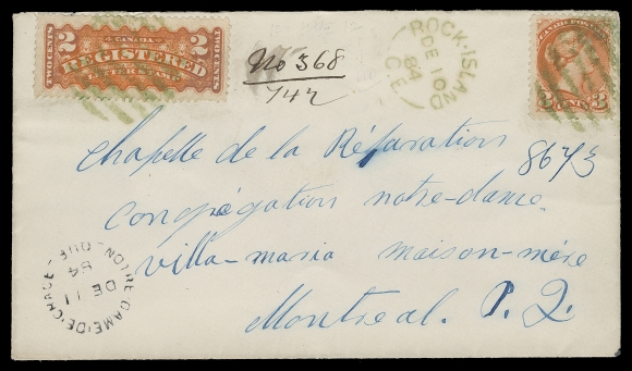 CANADA  1884 (December 10) A remarkable, clean cover mailed registered from Rock Island to Notre Dame de Grace, franked with 3c orange red, Montreal printing perf 12, and a 2c orange RLS perf 12, both tied by grid cancels IN GREEN with same-ink Rock Island split ring dispatch, Lennoxville DE 10 transit on back and unusual clear receiver on front. An elusive coloured cancelled cover, VF (Unitrade 37, F1)