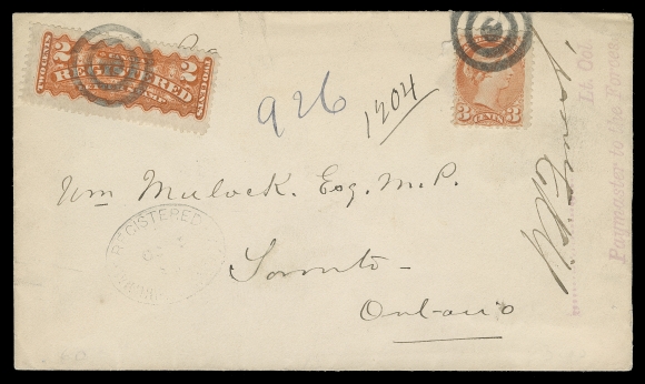 CANADA  1885 (October 5) Registered cover from Lieutenant-Colonel W.A. Forest to William Mulock, M.P. at Toronto, bearing 3c orange red Montreal printing and 2c orange RLS tied by neat target cancels, oval Registered Winnipeg, Canada dispatch datestamp, two additional strikes on back, plus light oval Registered Toronto, Canada CDS; signed by sender, Paymaster to the Forces along with his handstamp along right side. Sender did not use the recently extended Concessionary rate to all officers (as of April 1885) as he was probably not on active service, VF (Unitrade 37, F1) ex. "Jura" Collection (June 2007; Lot 2637)

We would like to point out that the oval Registered datestamp from Winnipeg is very rarely seen used as a dispatch - only one such cover has been reported in Harrison, Arfken & Lussey census, published in "Canada