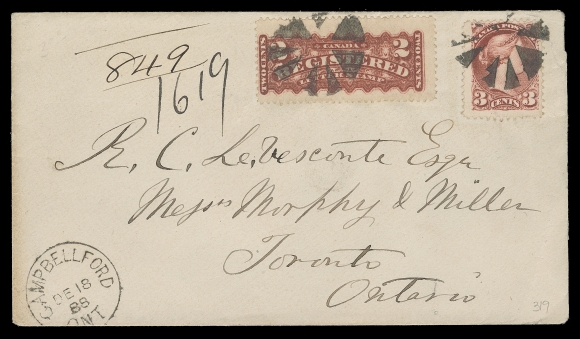 CANADA  1888 (December 18) A clean registered cover from Campbellford, Ont to Toronto displaying an unusually seen matching 3c Small Queen and 2c RLS in the rose carmine shade associated with the Montreal Gazette printings, attractively tied by segmented cork cancels, clear dispatch CDS at left, light RPO and next-day arrival backstamps. Seldom do RLS and postage stamp have the same short-lived shades, VF (Unitrade 41a, F1b)