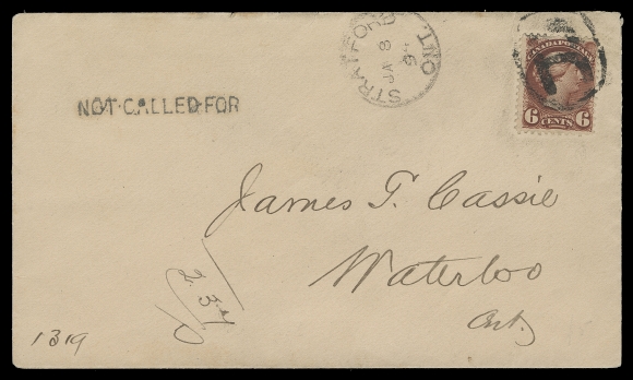 CANADA  1894 (January 8) Single-franking 6c red brown cover paying third class circular rate (1c per ounce) plus 5c registration, tied by oval "R", Stratford, Ont dispatch at left sent unsealed to Waterloo with same-day receiver on back, couple cover tears at top. NOT CALLED FOR instructional marking and sent to Dead Letter Office with two different DLO backstamps. A very scarce franking paying a registered printed matter rate, F-VF (Unitrade 43)  