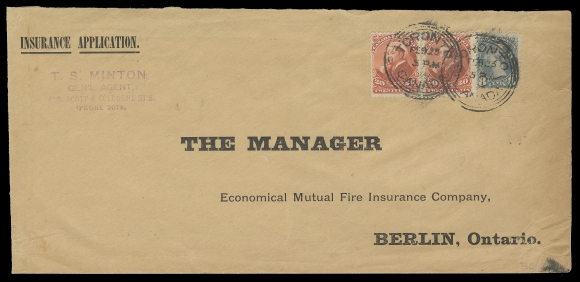 CANADA  1895 (February 23) Legal size return envelope of the Economical  Mutual Fire Insurance Co. at Berlin, Ontario, folded at left for  display, some adhering faults on reverse, overall in nice shape  considering its size and heavy content carried, franked with an  8c bluish slate and pair of 20c Widow Weeds (small negligible  tear in right stamp), all clearly tied by three-ring Toronto  datestamps, partially legible Berlin arrival backstamp; pays an  impressive 48c rate (16 times the domestic letter rate, up to 16  ounces), Fine (Unitrade 44b, 46)