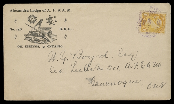 CANADA  1896 (October 10) Masonic illustrated envelope from Oil Springs, Ontario, mailed unsealed printed matter rate to Gananoque, bearing single 1c yellow, Ottawa printing perf 12, tied by Oil Springs dispatch CDS in PURPLE, Gananoque OC 13 CDS receiver backstamp, VF (Unitrade 35)