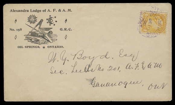 CANADA 1896 (October 10) Masonic illustrated envelope from Oil Springs, Ontario, mailed unsealed printed matter rate to Gananoque, bearing single 1c yellow, Ottawa printing perf 12, tied by Oil Springs dispatch CDS in PURPLE, Gananoque OC 13 CDS receiver backstamp, VF (Unitrade 35)