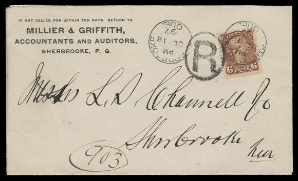 CANADA  1897 (December 18) Millier & Griffith Accountants and Auditors cover in clean condition, bearing a single 6c bright red brown, Ottawa printing perf 12, well tied by Sherbrooke CDS, second strike at left, and further tied by oval "R" handstamp, addressed locally; pays the 1c drop letter rate + 5c registration fee, an attractive and elusive single-franking rate cover, VF (Unitrade 43)