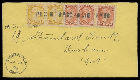 CANADA  1898 (January 14) Bright yellow cover in pristine condition displaying an attractive overlapping franking of 1c yellow pair along with 3c vermilion single and pair, Ottawa printings perf 12 nicely cancelled by straightline REGISTERED handstamps third strike ties left-hand 1c stamp, clear Dornoch, Ont. split ring dispatch to Durham with same-day arrival backstamp; paying 6c double weight letter rate plus 5c registration, eye-appealing and XF (Unitrade 35, 41) ex. George Arfken (October 2014; Lot 1312)