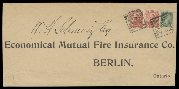 CANADA  1896 (January 18) Legal size preprinted Economical Mutual Fire Insurance Co. return envelope to Berlin, Ontario, folded for display, some wrinkling at left, bearing 2c green, Ottawa printing perf 12, and 20c Widow Weed pair nicely tied by Toronto squared circles, Berlin JA 20 arrival CDS on back; paying a 14 times the domestic letter rate, a striking and scarce commercial usage of Widow Weeds