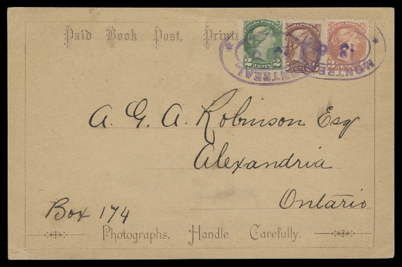 CANADA  Undated (mid to late 1890s) Printed card used as an address label for photographs, sent from Montreal to Alexandria, Ontario, displaying an eye-catching three-colour franking - 2c green, 3c vermilion & 6c red brown, Ottawa printings perf 12, tied by double oval Montreal 18 6 (no year date) datestamps in violet, light card creasing along edge and small tear at top away from stamps. Pays an 11c third class domestic mail (1c per ounce - for up to 11 ounces), VF (Unitrade 36i, 41, 43)