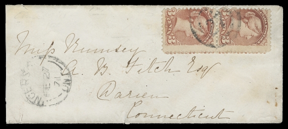 CANADA  1871 (February 27) Small cover from Ingersoll to Darien, Connecticut franked with a pair of the elusive 3c dark brownish rose on thick soft paper, First Ottawa printing perf 12, displaying characteristic darker shade on fibrous paper with uncleared perf discs, cancelled by light but legible two-ring 