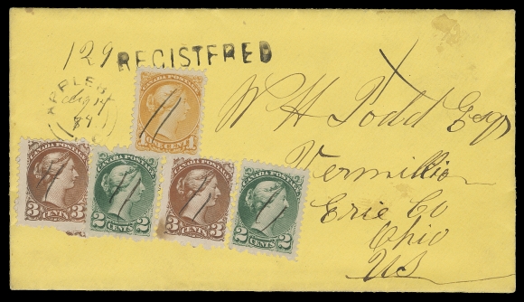 CANADA  1874 (August 17) Clean yellow cover displaying an eye-catching three-colour franking of a 1c orange, two 2c dark green (left stamp fault at top) and two 3c red (oxidized colour), all Montreal printings perf 11½x12, manuscript cancelled prior to being affixed at a very small post office Appleby, U.C. double arc dispatch with filled-in manuscript date and straightline REGISTERED handstamp; on reverse G.W.R. East AU 17 and Registered boxed handstamps struck, paying the 6c letter rate + 5c registration to Ohio, USA. A colourful and striking cover, F-VF; 2003 RPS of London cert. (Unitrade 35d, 36e, 37e) ex. Horace Harrison (February 2003; Lot 148)