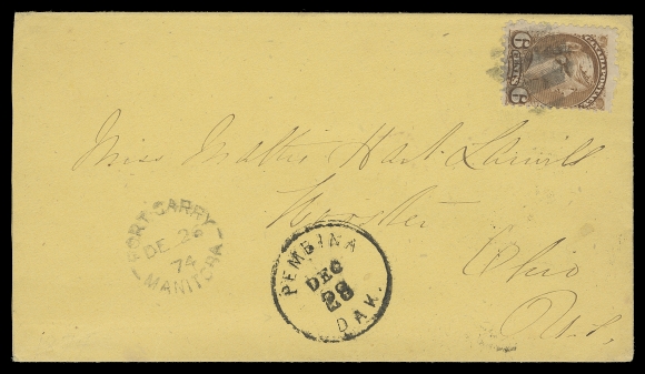 CANADA  1874 (December 26) A beautiful amber coloured cover in an excellent state of preservation, mailed from Fort Garry, Manitoba to Ohio, via the Pembina (North Dakota), St. Paul & Chicago postal route, bearing a single 6c yellow brown, Montreal printing perf 11½x12, tied by four-bar cork grid cancellation with same-ink Fort Garry, Manitoba split ring and a superb strike of the Pembina DEC 28 CDS - very unusual and of great appeal on a Small Queen cover. In fact, we do not recall seeing this postmark on a Small Queen Manitoba cover from post 1870 confederation era; highly attractive and destined for a serious collection, VF (Unitrade 39b)Lower Fort Garry was built by the Hudson