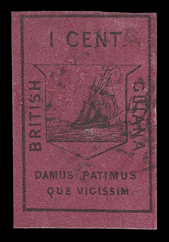 BRITISH GUIANA  6,Waterlow & Sons. first lithographed stamp with well clear to  large margins, hint of rubbing expertly touched up in places,  otherwise completely devoid of the usual flaws so prevalent on  this fragile surface coloured paper, lightly cancelled with  Demerara double arc datestamp. A very collectable example of this classic rarity, VF (SG 9 £5,500)Expertization: 1993 Peter Holcombe certificate