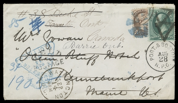 CANADA  1877 (August) Cover from Barrie, Ont. to Maine, franked with 3c red, Montreal printing perf 11½x12, oxidized colour, tied by segmented cork in blue, partially legible same-ink dispatch, pays the reduced letter rate of 3c to US (effective as of February 1, 1875) redirected to Boston and entering Dead Letter Office with US triangular marking, clear Washington, D.C. SEP 14 HELD FOR POSTAGE datestamp, US 3c green affixed cancelled by triangular cancels and mailed back to Canada; small tear at top and light fold in no way detract from this visually striking and well-travelled cover, F-VF (Unitrade 37e + US Scott 158)