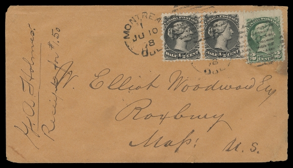 CANADA  1878 (June 10) Orange brown envelope displaying a scarce mixed-issue franking - Large Queen ½c black perf 11½x12 pair and 2c green Small Queen, Montreal printing very early perf 12 printing, tied by Montreal duplex, part of backflap missing, no backstamp as customary, paying 3c letter rate to USA, F-VF (Unitrade 21a, 36i)