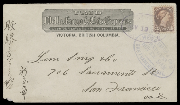 CANADA  1892 (November 19) Wells, Fargo & Co. Express Victoria, British Columbia printed frank in black on white envelope, with 3c vermilion, Ottawa printing perf 12, colour oxidized but attractively tied by light oval Wells, Fargo & Co