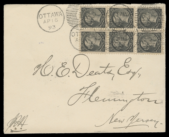 CANADA  1893 (April 16) A clean cover with intact red wax seal on reverse, mailed from Ottawa to Flemington, New Jersey, bearing nicely centered ½c black block of six, attractively tied by clear Ottawa duplex, neat New York APR 18 transit and Flemington arrival CDS on back. An appealing and choice example of the 3c letter to the USA paid solely with half cent stamps, VF (Unitrade 34)