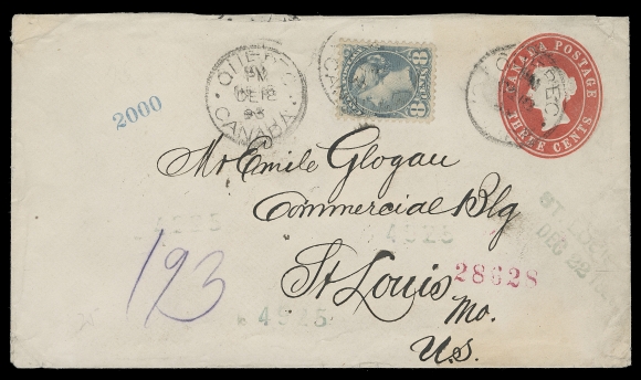 CANADA  1893 (December 18) 3c red envelope 150 x 86mm (Webb EN8) uprated with 8c pale bluish grey, Ottawa printing perf 12, Quebec dispatch CDS postmarks; paying double weight registered rate to St. Louis, USA, light Chicago, Illinois transit backstamp and St. Louis DEC 22 arrival datestamp on front; minor corner wrinkles, VF and unusual franking. (Unitrade 44a) ex. Ted Nixon (March 2012; Lot 283)