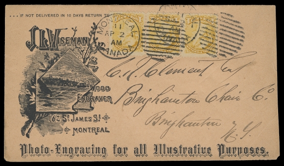 CANADA  1894 (April 2) J.L. Wiseman Wood Engraver illustrated manila envelope from Montreal to Binghamton, USA, franked with well centered strip of three 1c yellow, Ottawa printing perf 12 neatly tied by Montreal duplex cancels, clear Binghamton, NYAPR 3 94 CDS receiver on back, VF (Unitrade 35) ex. George Arfken (October 2014; Lot 1277)