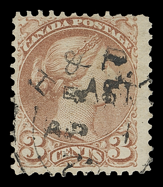 CANADA  37d,An RPO cancelled example of the scarcer perforation gauge, couple short perfs at left, displaying large portion of H. & P. R. EAST AP 1 70 double arc datestamp, Fine
