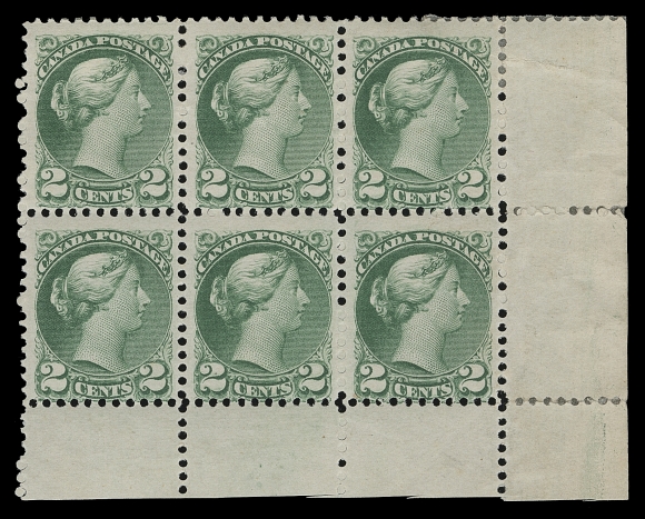 CANADA  36e,Corner margin mint block of six, distinctive colour, perforation and gum associated with early Montreal printings; a few split perfs in the margin strengthened by hinges; stamps in lower row NEVER HINGED, Fine OG (Unitrade cat. $3,150)