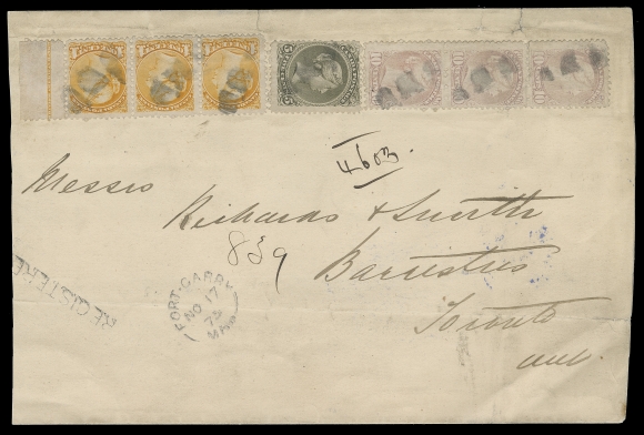 CANADA  1875 (November 17) Large envelope mailed registered from Fort Garry, Manitoba to Toronto, somewhat reduced at sides, couple tears at top and horizontal fold in no way detract, an outstanding Mixed-Issue franking with Large Queen 5c perf 11½x12 (second month of usage) and on each side Small Queen strips of three of the 1c deep orange with imprint margin and 10c pale milky pink shade, Montreal printings perf 11½x12, all cancelled by segmented corks, neat Fort Garry, Man NO 17 75 split ring dispatch and straightline REGISTERED handstamp, routed through the United States, via Pembina, St. Paul, Chicago and Windsor, Ont. with neat blue Windsor NO 26 75 transit and Toronto NO 27 arrival backstamps. A spectacular Manitoba postal history related item and displaying a UNIQUE Large & Small Queen franking paying twelve times the 3c domestic letter rate from Manitoba plus 2 cent registration fee. An important cover which has graced some of the most renowned Small Queen collections of the past, Fine+ (Unitrade 26, 35vi, 40e)Provenance: Claire Jephcott (acquired privately by B. Simpson in May 1987)                   Bill Simpson Part II, May 1996; Lot 247                   "Jura" Collection, June 2007; Lot 2381AN IMPRESSIVE MULTIPLE OF AN EARLY TEN CENT SMALL QUEEN ON COVER; VERY FEW EXIST. THIS IS THE EARLIEST USAGE OF THE TEN CENT ON ANY COVER MAILED FROM MANITOBA.