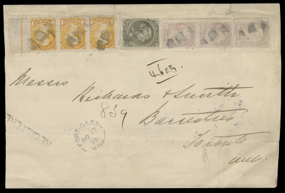 CANADA 1875 (November 17) Large envelope mailed registered from Fort Garry, Manitoba to Toronto, somewhat reduced at sides, couple tears at top and horizontal fold in no way detract, an outstanding Mixed-Issue franking with Large Queen 5c perf 11½x12 (second month of usage) and on each side Small Queen strips of three of the 1c deep orange with imprint margin and 10c pale milky pink shade, Montreal printings perf 11½x12, all cancelled by segmented corks, neat Fort Garry, Man NO 17 75 split ring dispatch and straightline REGISTERED handstamp, routed through the United States, via Pembina, St. Paul, Chicago and Windsor, Ont. with neat blue Windsor NO 26 75 transit and Toronto NO 27 arrival backstamps. A spectacular Manitoba postal history related item and displaying a UNIQUE Large & Small Queen franking paying twelve times the 3c domestic letter rate from Manitoba plus 2 cent registration fee. An important cover which has graced some of the most renowned Small Queen collections of the past, Fine+ (Unitrade 26, 35vi, 40e)
Provenance: Claire Jephcott (acquired privately by B. Simpson in May 1987)
Bill Simpson Part II, May 1996; Lot 247
"Jura" Collection, June 2007; Lot 2381
AN IMPRESSIVE MULTIPLE OF AN EARLY TEN CENT SMALL QUEEN ON COVER; VERY FEW EXIST. THIS IS THE EARLIEST USAGE OF THE TEN CENT ON ANY COVER MAILED FROM MANITOBA.