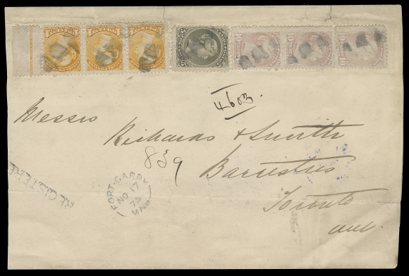 CANADA  1875 (November 17) Large envelope mailed registered from Fort Garry, Manitoba to Toronto, somewhat reduced at sides, couple tears at top and horizontal fold in no way detract, an outstanding Mixed-Issue franking with Large Queen 5c perf 11½x12 (second month of usage) and on each side Small Queen strips of three of the 1c deep orange with imprint margin and 10c pale milky pink shade, Montreal printings perf 11½x12, all cancelled by segmented corks, neat Fort Garry, Man NO 17 75 split ring dispatch and straightline REGISTERED handstamp, routed through the United States, via Pembina, St. Paul, Chicago and Windsor, Ont. with neat blue Windsor NO 26 75 transit and Toronto NO 27 arrival backstamps. A spectacular Manitoba postal history related item and displaying a UNIQUE Large & Small Queen franking paying twelve times the 3c domestic letter rate from Manitoba plus 2 cent registration fee. An important cover which has graced some of the most renowned Small Queen collections of the past, Fine+ (Unitrade 26, 35vi, 40e)

Provenance: Claire Jephcott (acquired privately by B. Simpson in May 1987)
                   Bill Simpson Part II, May 1996; Lot 247
                   "Jura" Collection, June 2007; Lot 2381

AN IMPRESSIVE MULTIPLE OF AN EARLY TEN CENT SMALL QUEEN ON COVER; VERY FEW EXIST. THIS IS THE EARLIEST USAGE OF THE TEN CENT ON ANY COVER MAILED FROM MANITOBA.