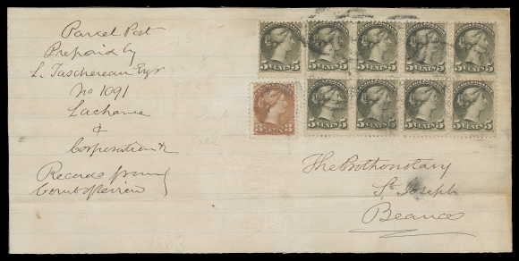 CANADA Undated (circa. 1883) Parcel Post wrapper fragment for court documents mailed to St. Joseph-de-Beauce, Québec, bearing an impressive franking of a 5c olive green block of eight and single, plus 3c orange red, Montreal printings perf 12, tied by mute ring cancels, paying eight times the 6 cent (per four ounces) domestic parcel post rate, up to 32 ounces, F-VF (Unitrade 37, 38)
Literature: This item is illustrated and described in Arfken "Canada