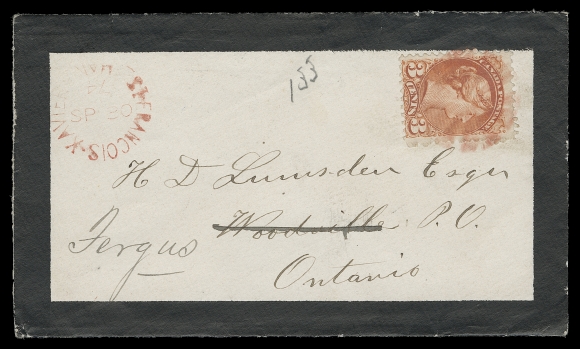 CANADA  1874 (September 30) Small mourning cover in choice condition bearing 3c orange, Montreal printing perf 11½x12, tied by segmented cork cancel in RED with same-ink St. Francois Xavier, Man SP 30 74 split ring (inverted month and date indicia) at left to Woodville redirected to Fergus, Ontario; light Fort Garry, Manitoba, Windsor OC 9 74 split rings and faint Woodville receiver backstamps. An appealing and rare coloured cancel from Manitoba, VF (Unitrade 37iii)