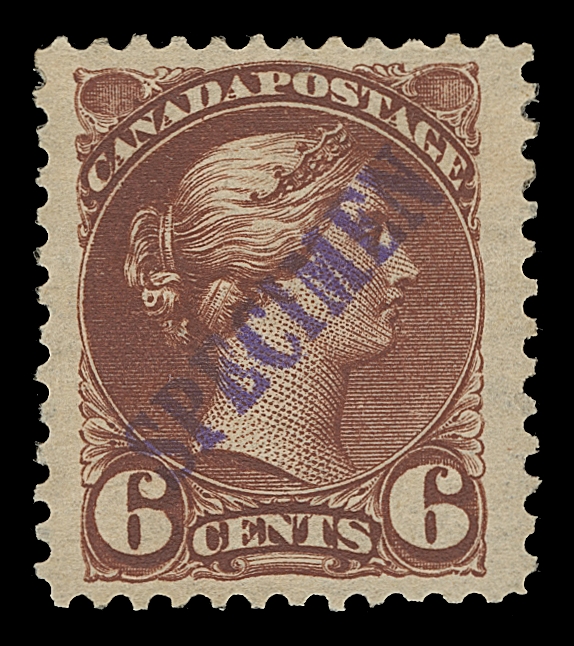 CANADA  The basic set, all Ottawa printings perf 12, plus the then still current Large Queen 15c blue grey shade and the 20c & 50c Widow Weeds all unused; small corner thin on the 10c. Each with diagonal SPECIMEN handstamp in violet; a very rare set, F-VF (Unitrade 30b, 34/45, 46-47) ex. Michael Roberts (December 2006; Lot 377)