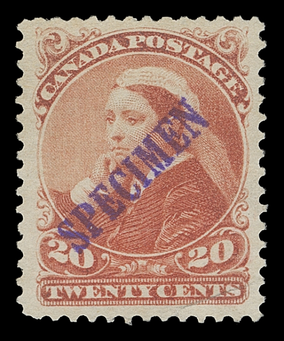 CANADA  The basic set, all Ottawa printings perf 12, plus the then still current Large Queen 15c blue grey shade and the 20c & 50c Widow Weeds all unused; small corner thin on the 10c. Each with diagonal SPECIMEN handstamp in violet; a very rare set, F-VF (Unitrade 30b, 34/45, 46-47) ex. Michael Roberts (December 2006; Lot 377)