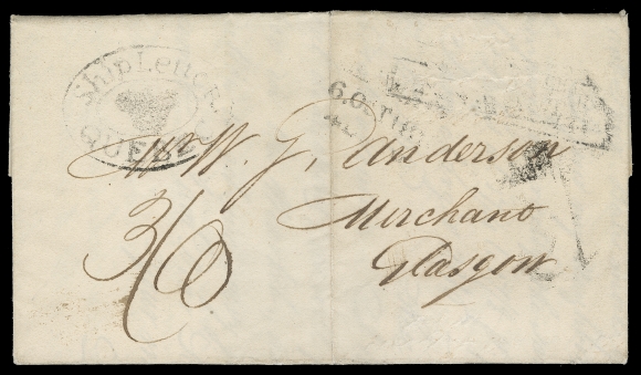 CANADA STAMPLESS COVERS  1815 Folded lettersheet with "Quebec Aug. 20th 1815" dateline, clear double oval Ship Letter "Crown" Quebec, no BNA postage as carried privately by ship outside the post (during end of Napoleonic Wars) to the UK where it entered the mail, light boxed Ship Letter Plymouth handstamp, rated "3/6" to collect and partial "Addl. 1/2" denoting Scottish road toll, central fold, VF