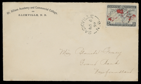 CANADA  1899 (November 6) Mt. Allison Academy, Sackville, N.B. cover franked with a well centered 2c Map cancelled by light grid, clear Sackville, NB split ring dispatch, pays the 2c Empire rate to Newfoundland; on reverse St. John