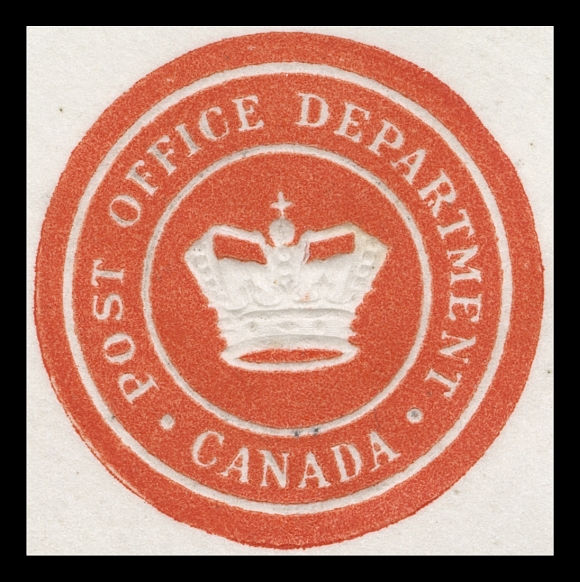 CANADA  1897 (November 16) Legal size OHMS cover from the P. O. Dept. Ottawa to Scotland, red embossed seal on back, countersigned and struck twice by Ottawa CDS. As free franking privilege was not permitted beyond Canadian borders, a 10c stamp in the distinctive brick red shade (Ottawa printing) was affixed and tied by Ottawa Type I squared circle, paying double UPU letter rate to the UK; couple small opening tears at top and light central fold, a very fresh cover with an appealing 10c single-franking, VF (Unitrade 45)