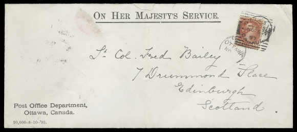 CANADA  1897 (November 16) Legal size OHMS cover from the P. O. Dept. Ottawa to Scotland, red embossed seal on back, countersigned and struck twice by Ottawa CDS. As free franking privilege was not permitted beyond Canadian borders, a 10c stamp in the distinctive brick red shade (Ottawa printing) was affixed and tied by Ottawa Type I squared circle, paying double UPU letter rate to the UK; couple small opening tears at top and light central fold, a very fresh cover with an appealing 10c single-franking, VF (Unitrade 45)